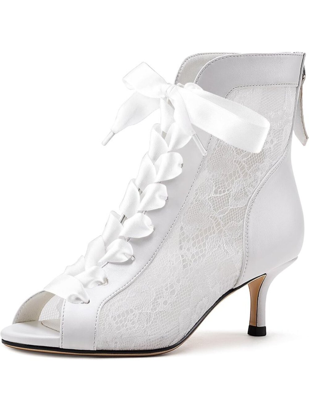 Women's White Mesh Lace Booties Lace Up Ankle Boots Open Toe Kitten Heels